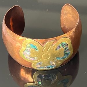 Copper Abalone Cuff Mid Century  Hand-Made Mexican Copper and Brass flower